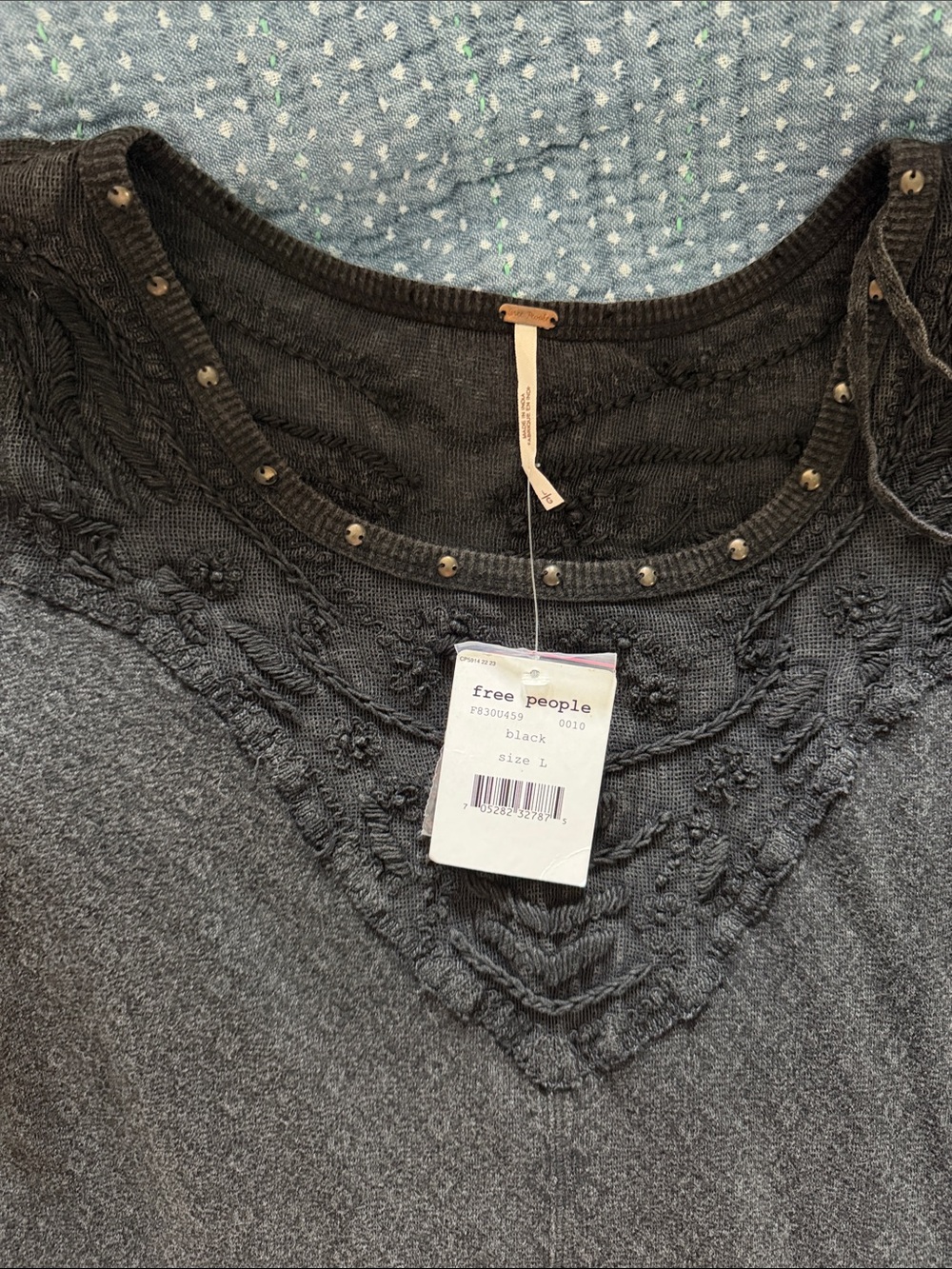 NWT Free People Black Embroidered Neckline Knit Tee size large